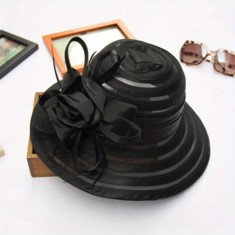 Wide Brim Organza Satin Hat w/Bow- Various Colors