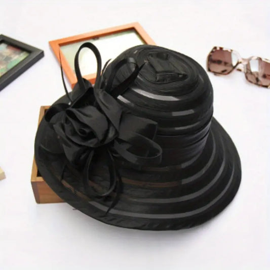 Wide Brim Organza Satin Hat w/Bow- Various Colors